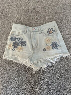 Hollister Light Blue Floral Embroidered Denim Shorts